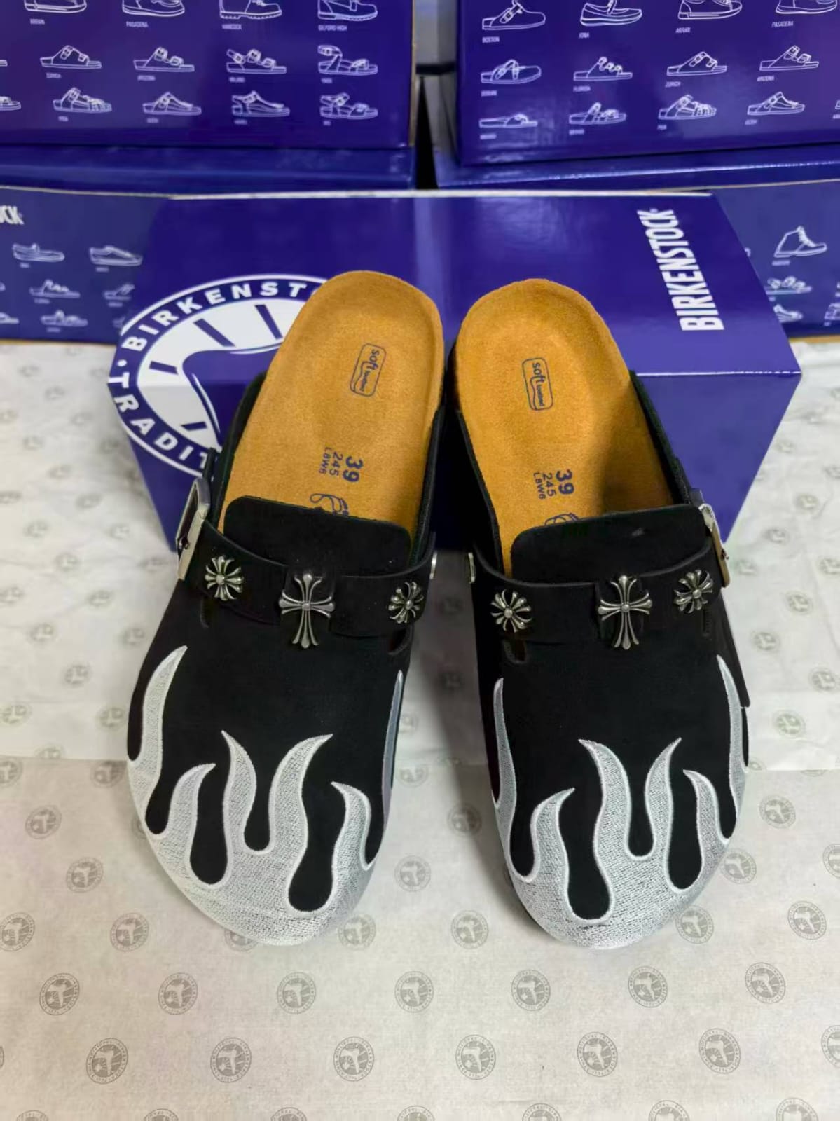 Birkenstock Boston Clog 'Chrome Hearts Custom - Black Suede with Silver Flames